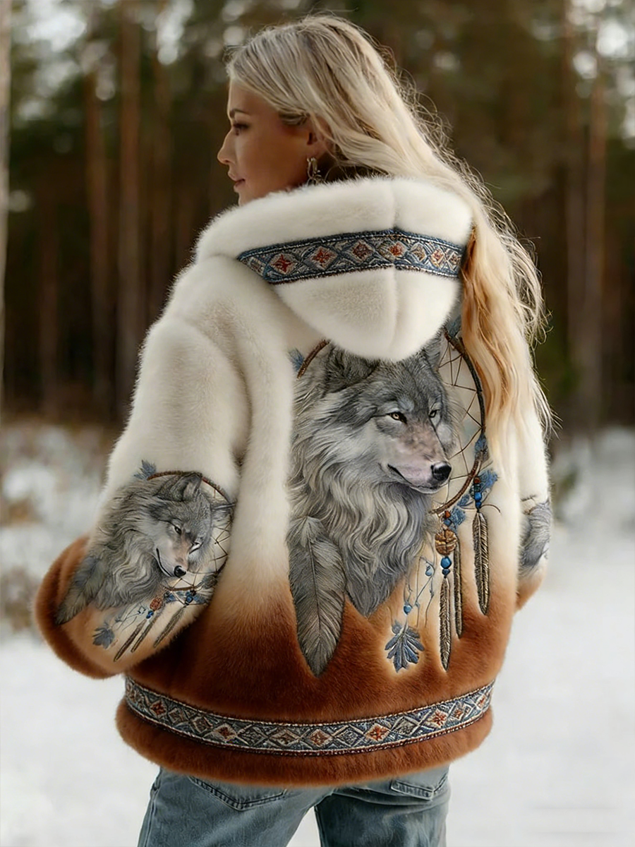 Women's hooded jacket with wolf graphic and patterned trim