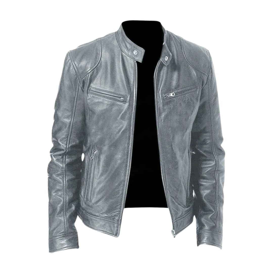 Men's zip front biker jacket with stand collar and zipped pockets