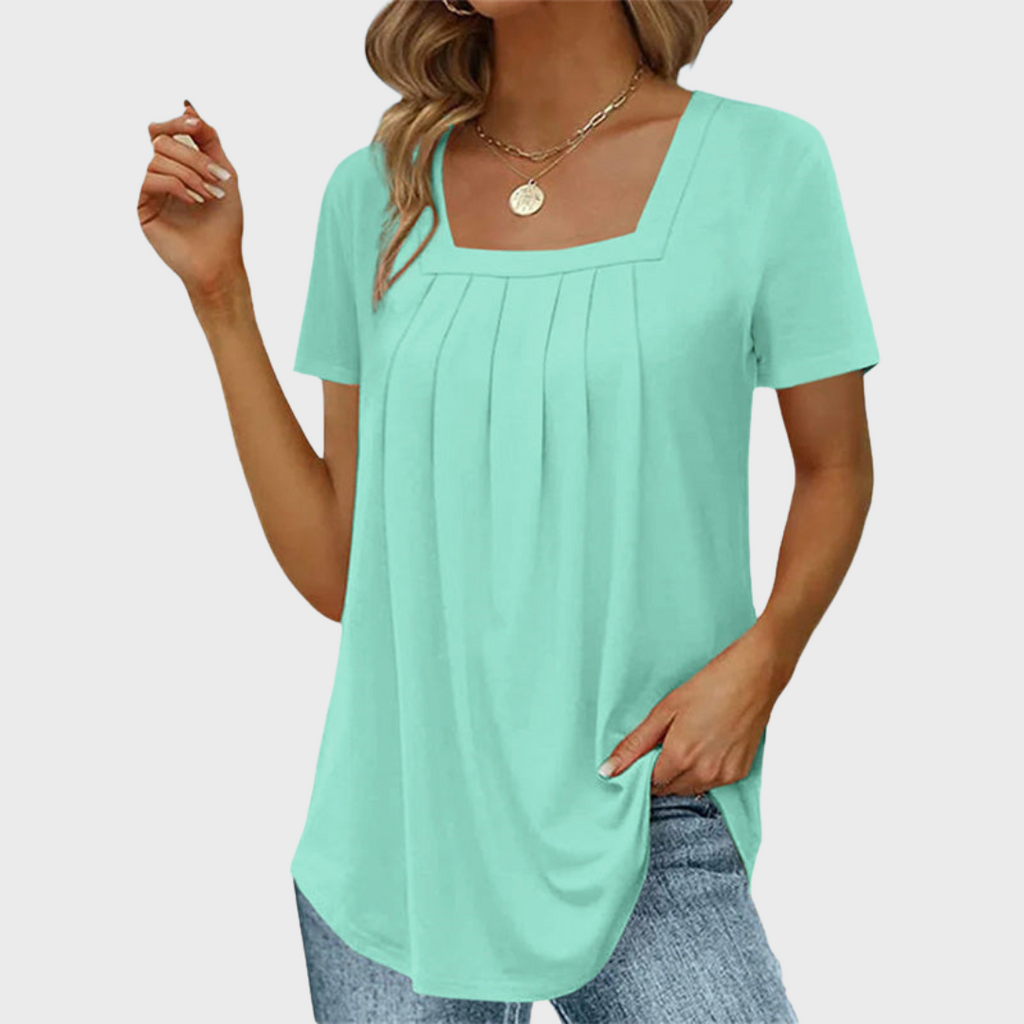 Women's short-sleeve pleated blouse with square neckline