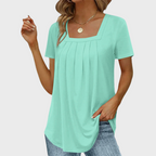 Women's short-sleeve pleated blouse with square neckline