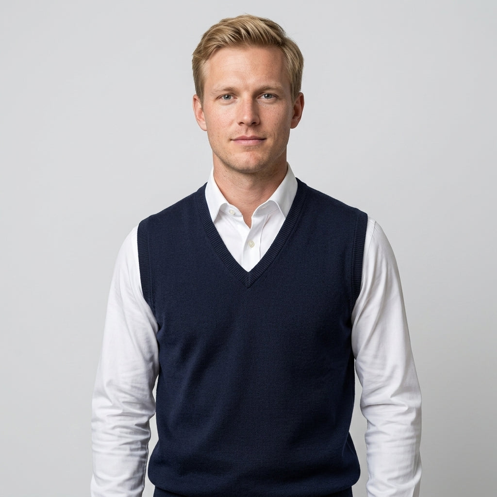 Men's sleeveless V-neck jumper layered over a collared shirt