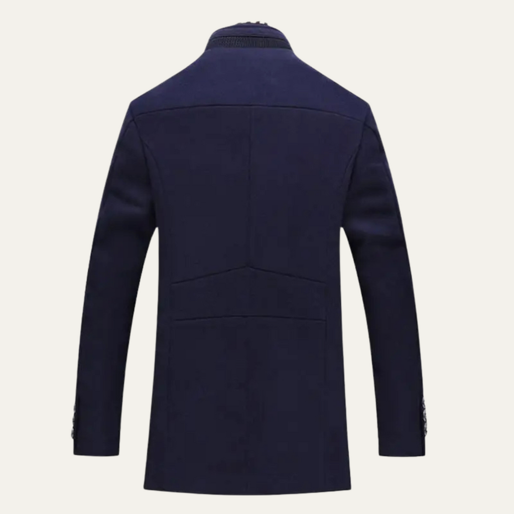 Men's long trench coat with stand collar and contrasting trim