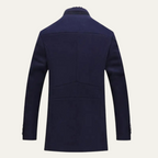 Men's long trench coat with stand collar and contrasting trim