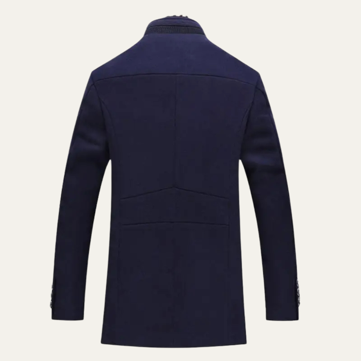Men's long trench coat with stand collar and contrasting trim