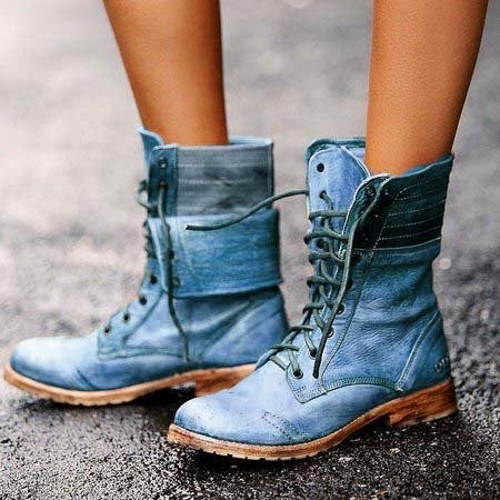 Women's mid-calf lace-up boots with layered cuff and low heel