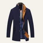 Men's long trench coat with stand collar and contrasting trim