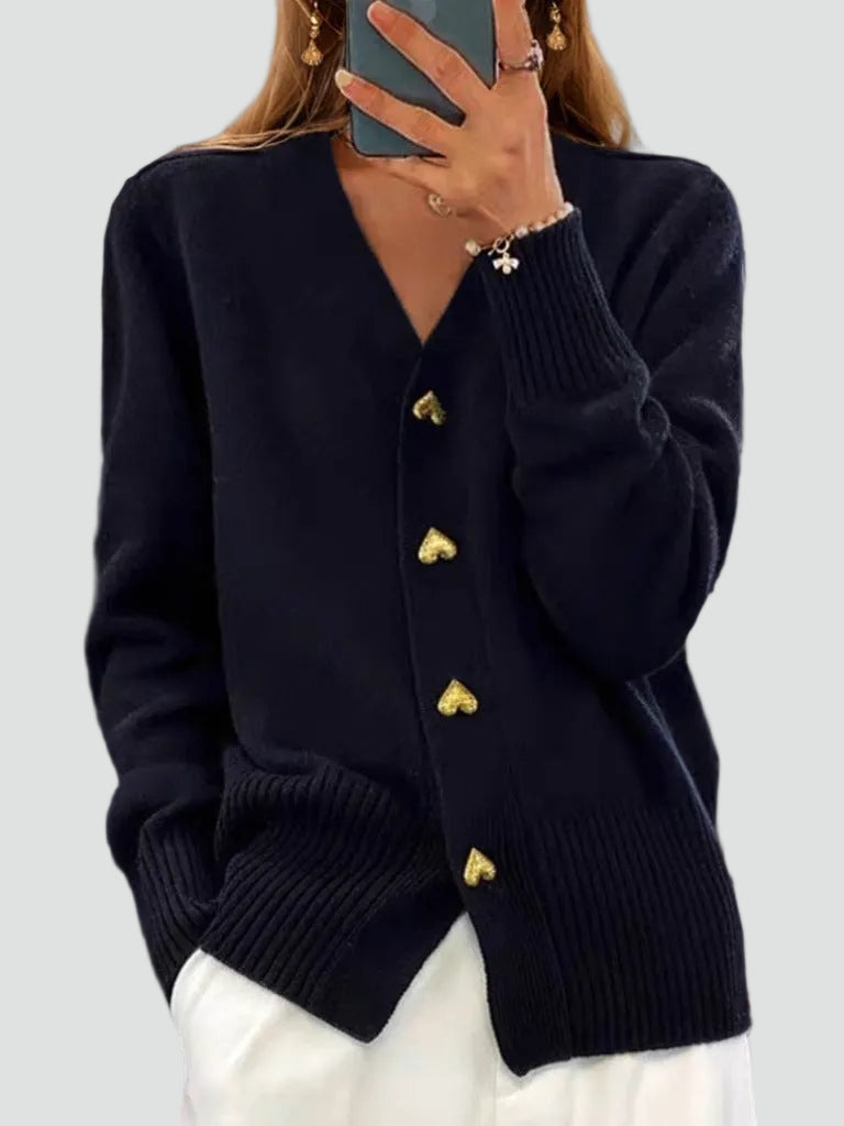 Women's long-sleeved V-neck button cardigan with ribbed trims and front pockets