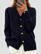 Women's long-sleeved V-neck button cardigan with ribbed trims and front pockets
