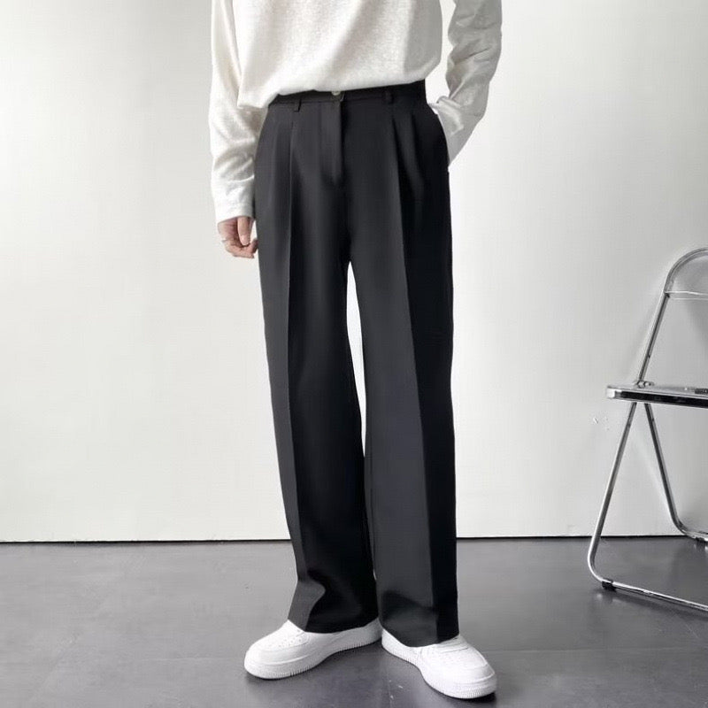 High-waist pleated straight-leg trousers with belt loops