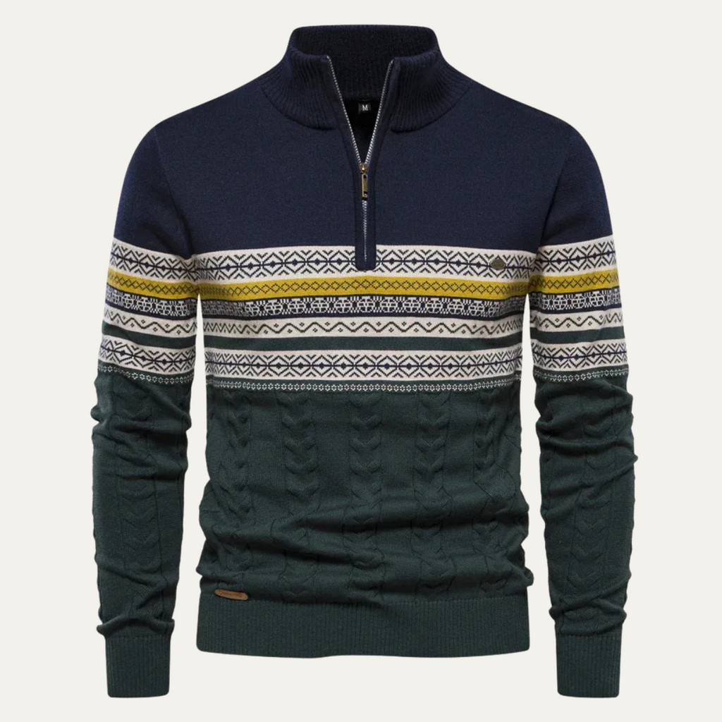 Men's Fair Isle quarter-zip sweater with cable-knit detail