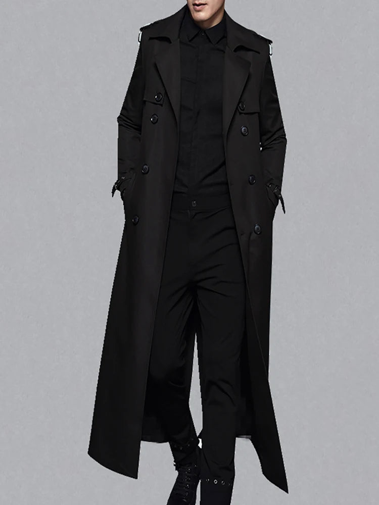 Men's black extra long double-breasted trench coat with notched lapels and epaulettes