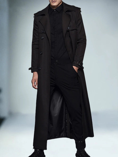 Men's black extra long double-breasted trench coat with notched lapels and epaulettes
