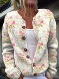 Women's floral knit cardigan with round neck, long sleeves and button front