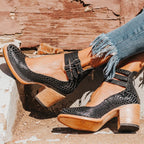 Women's ankle boots with three buckle straps and block heel