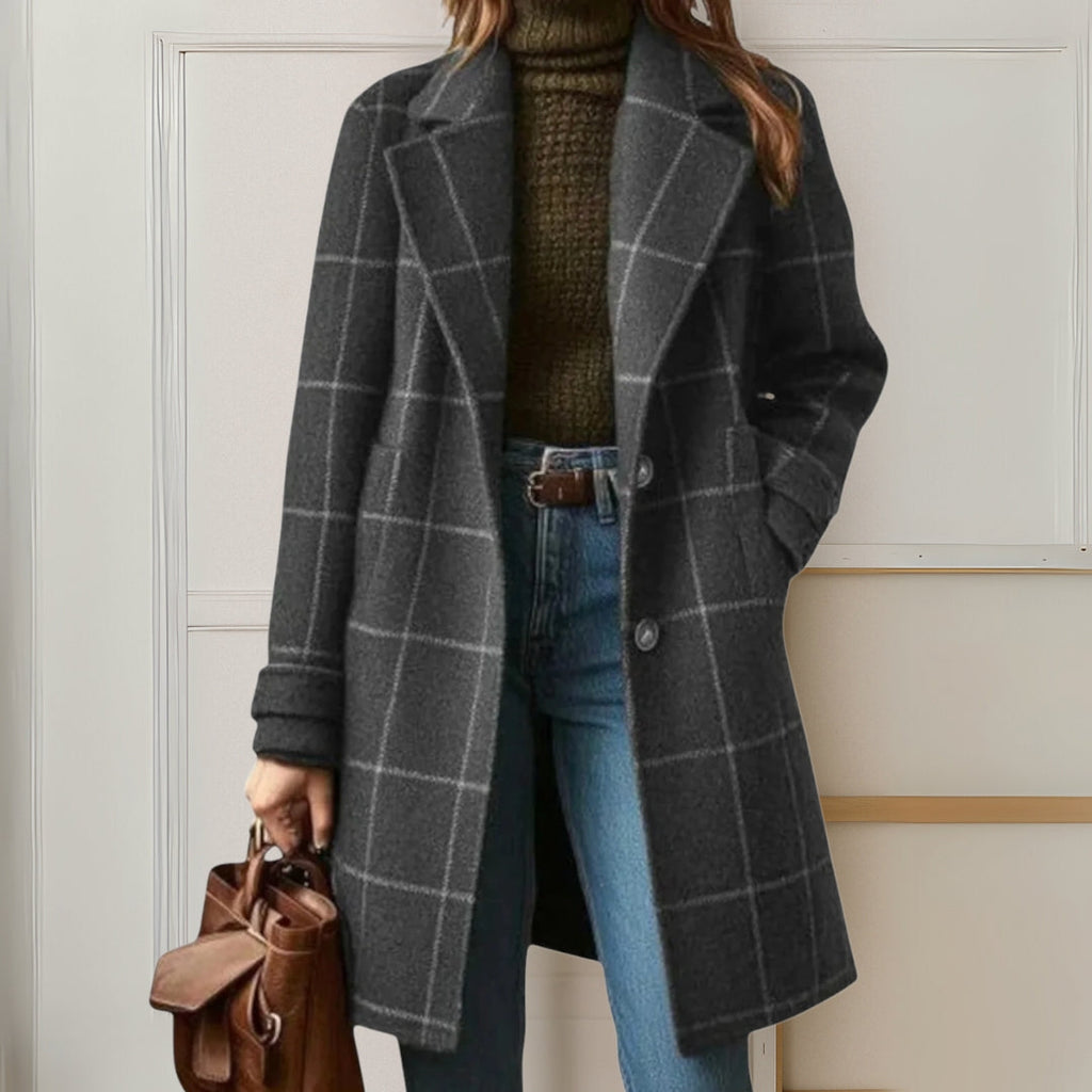 Women's long checkered coat with notched lapels and button front