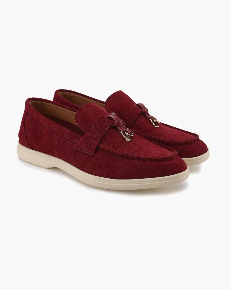Women's slip-on loafers with moc toe stitching and metal horsebit detail