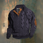 Men's cable knit jumper with high collar, buttons and elbow patches