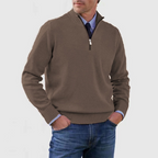 Men's quarter zip mock neck jumper with long sleeves and ribbed trims