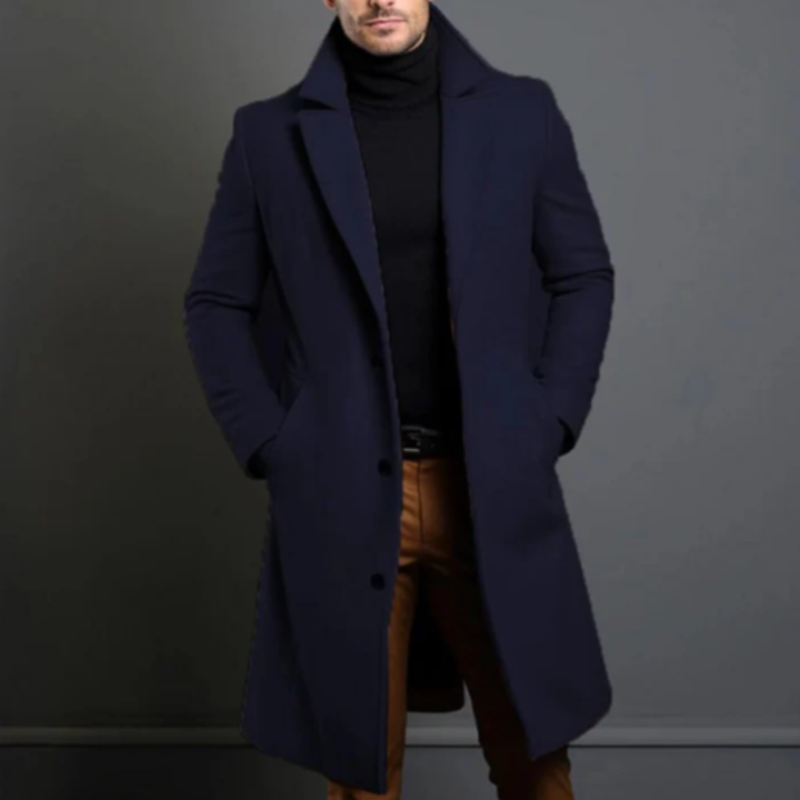 Men's long button-front overcoat with notched lapels and side pockets