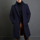 Men's long button-front overcoat with notched lapels and side pockets
