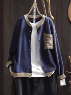 Women's knitted cardigan with button front, ribbed trims and decorative crochet-style chest pocket