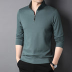 Men's plain long-sleeved quarter-zip sweater with a raised mock neck