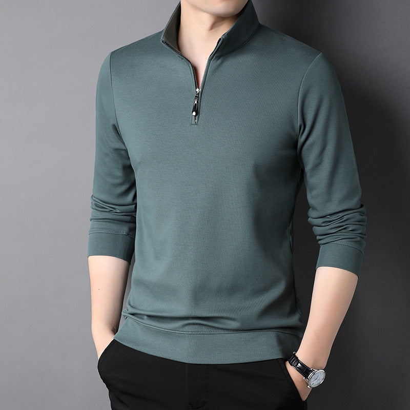 Men's plain long-sleeved quarter-zip sweater with a raised mock neck