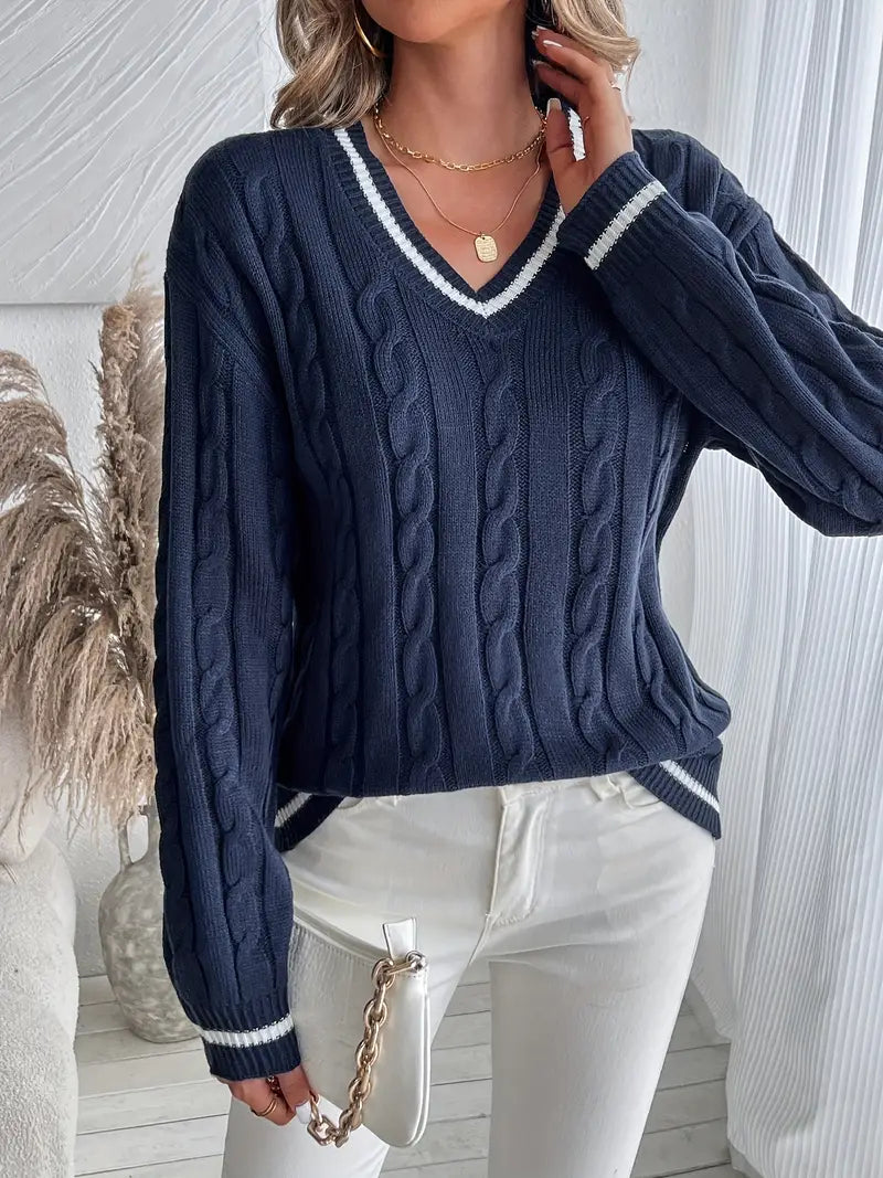 Women's navy cable knit V-neck sweater with contrast striped trims