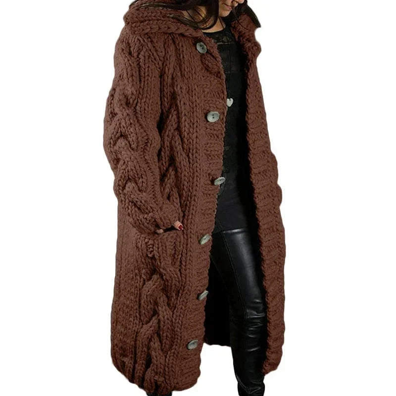 Women's longline hooded cable knit cardigan with button front