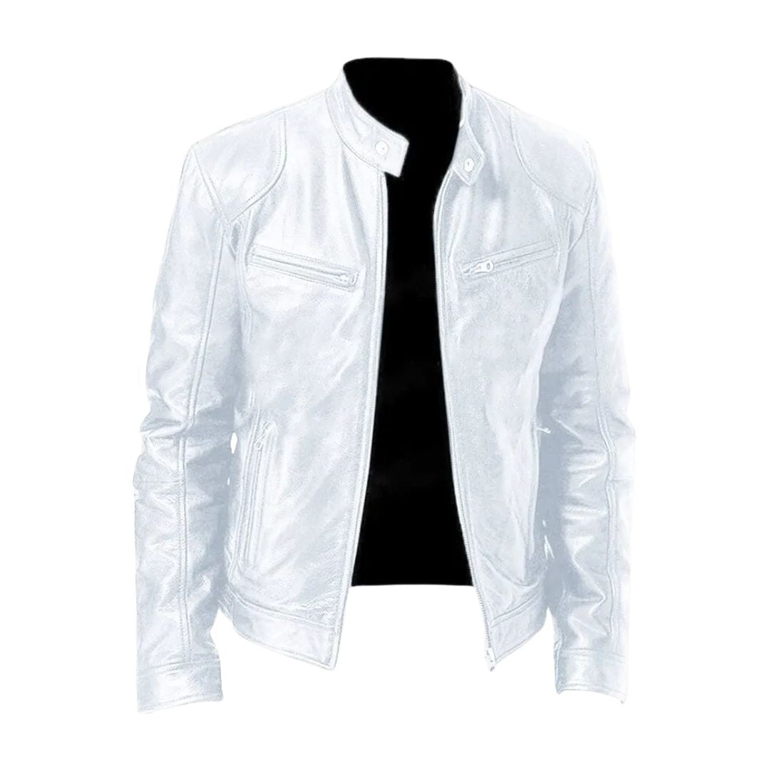 Men's zip front biker jacket with stand collar and zipped pockets