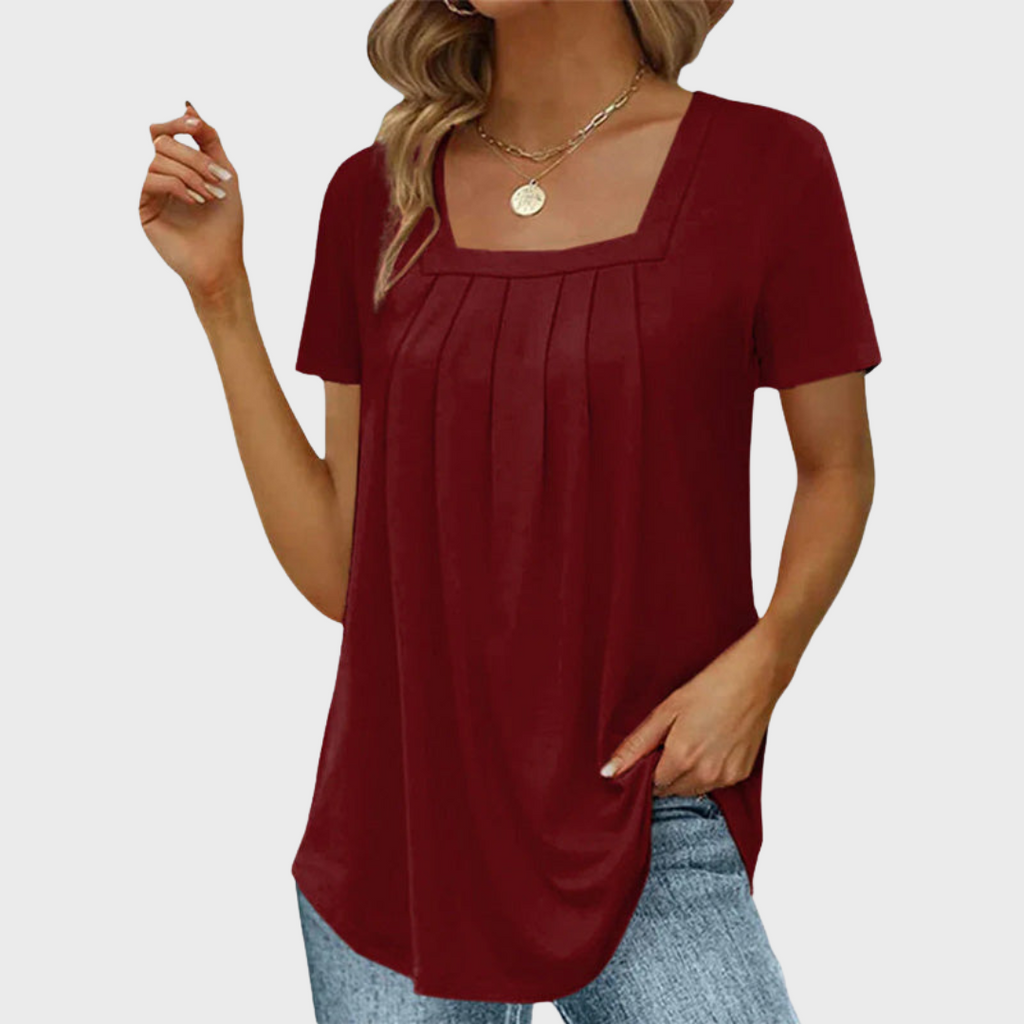 Women's short-sleeve pleated blouse with square neckline