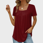 Women's short-sleeve pleated blouse with square neckline