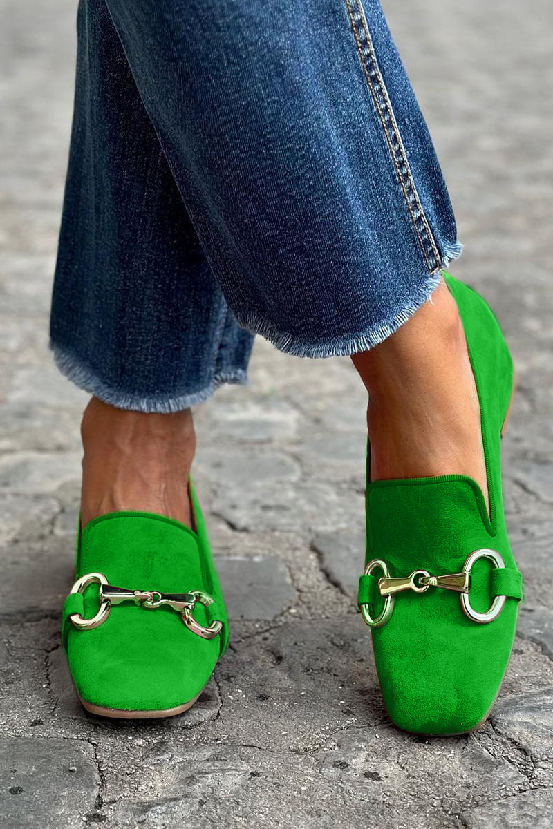 Women's loafers with square toes and gold metal horsebit detail