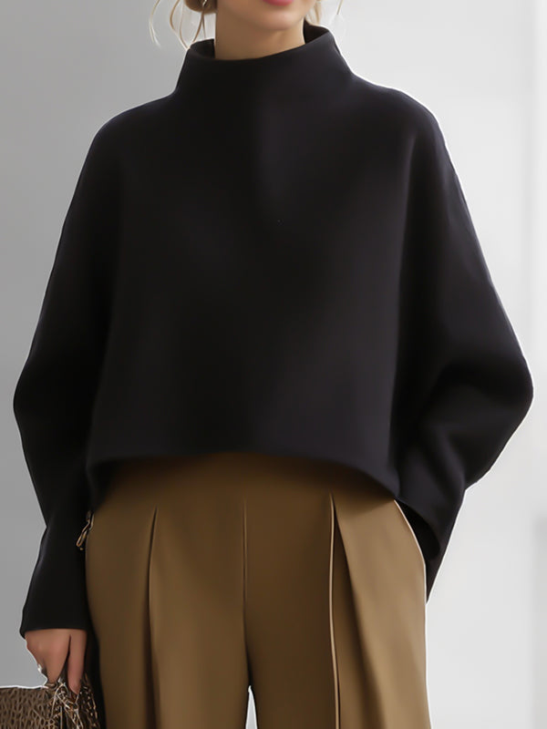 Women's black cropped sweatshirt with mock neck and long sleeves