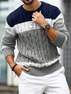 Men's long-sleeve colour-block cable knit sweater with crew neck
