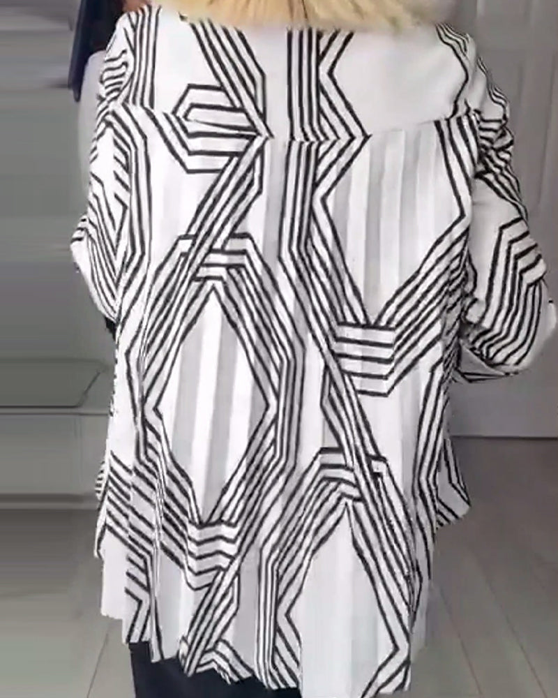 Women's black geometric pleated blouse with V-neckline and long sleeves