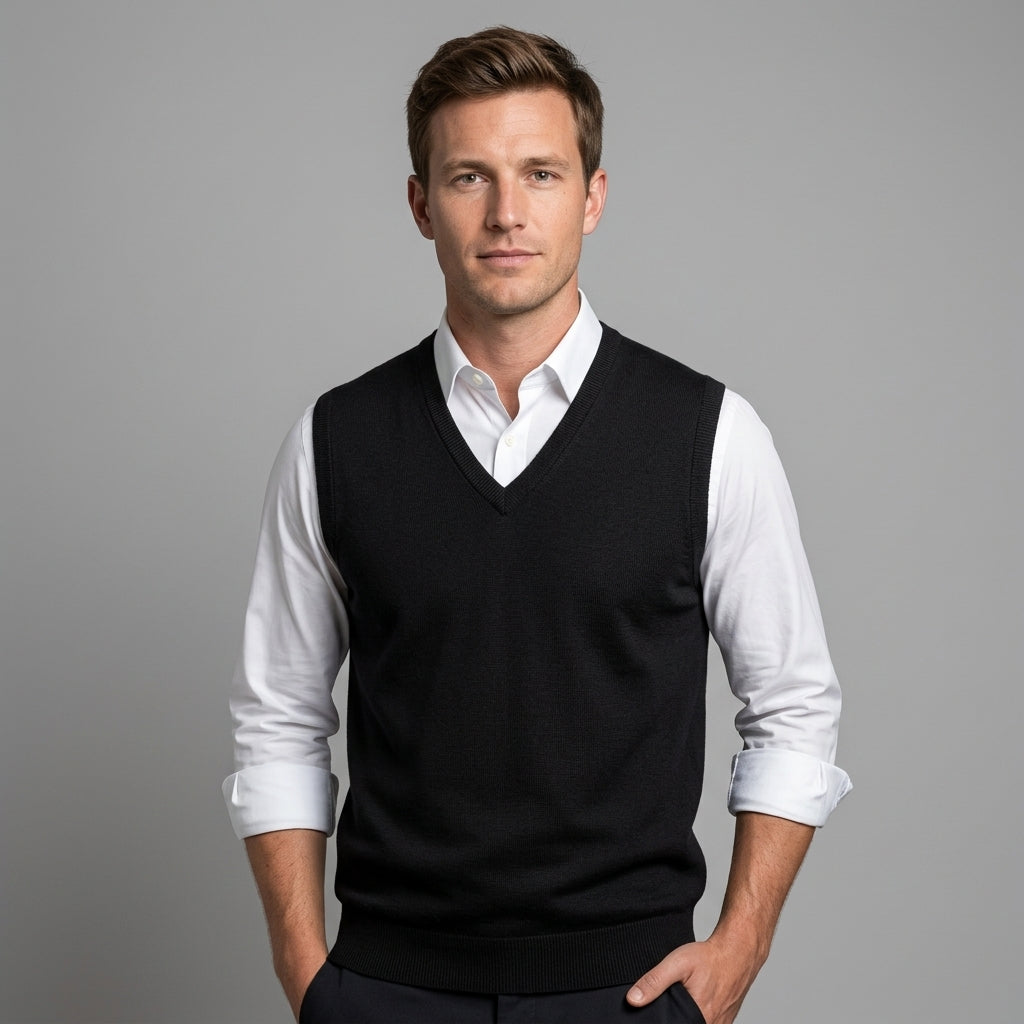 Men's sleeveless V-neck jumper layered over a collared shirt