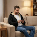 Men's hooded zip cardigan with contrasting sherpa-style lining