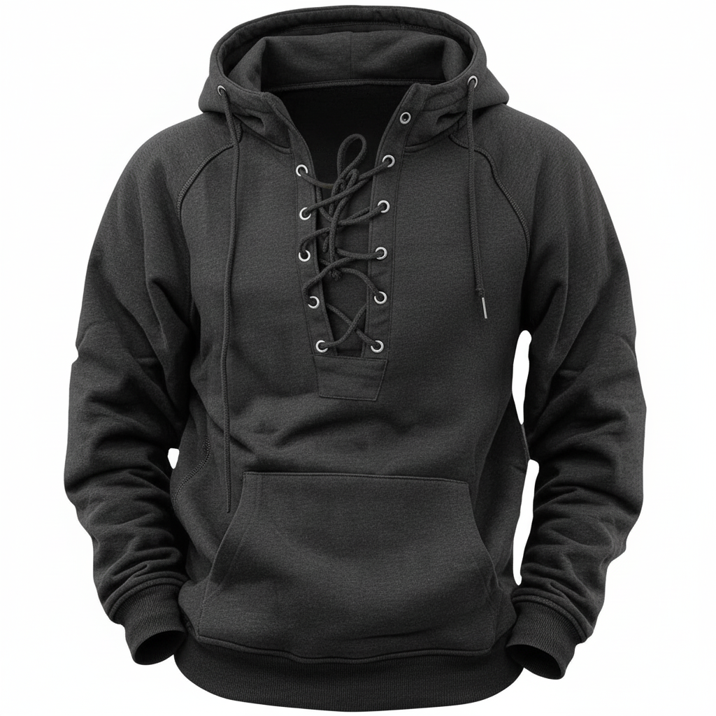 Men's lace-up hooded sweatshirt with long sleeves and kangaroo pocket