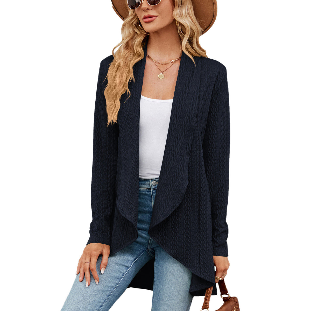 Women's open front textured cable cardigan with long sleeves and draped front panels
