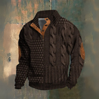 Men's cable knit jumper with high collar, buttons and elbow patches