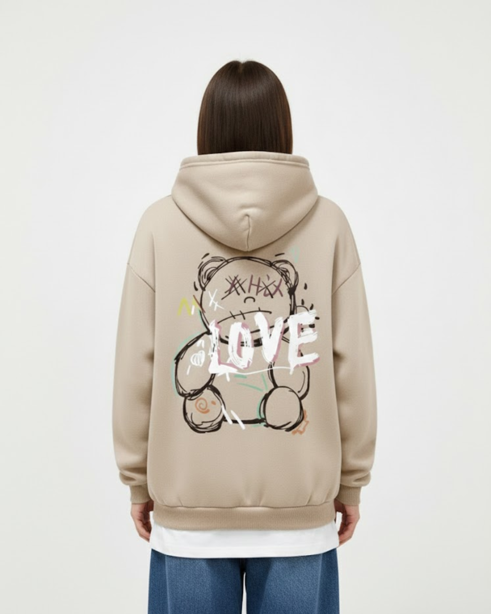 Unisex oversized hooded sweatshirt with illustrated LOVE graphic on the back