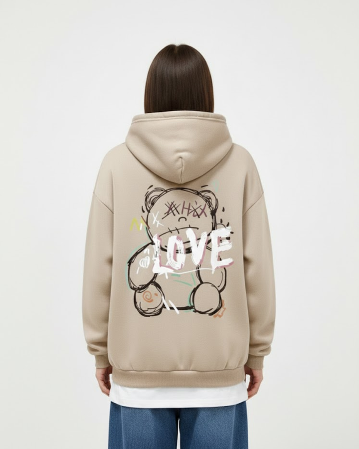 Unisex oversized hooded sweatshirt with illustrated LOVE graphic on the back