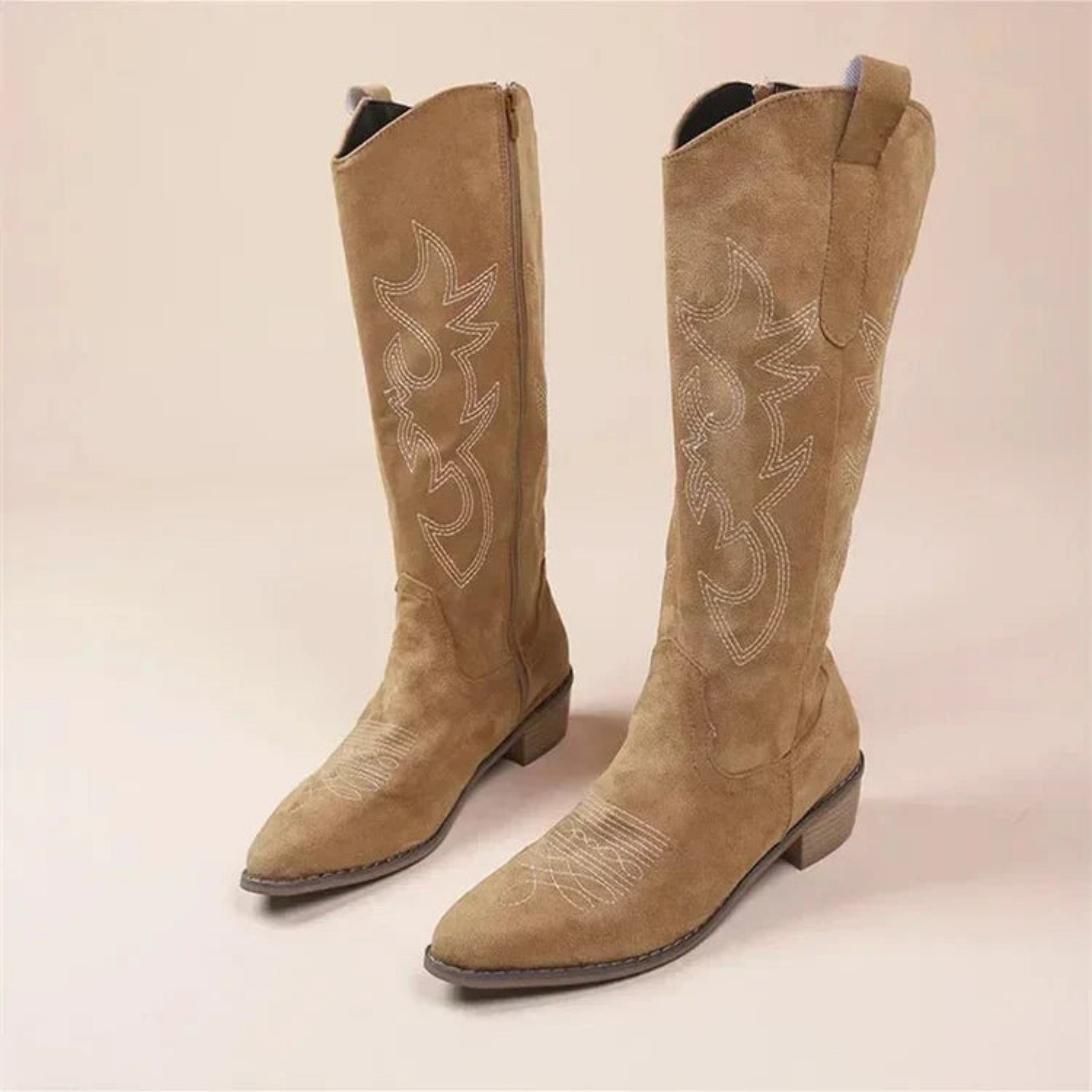 Embroidered women's cowboy boots with pointed toes and low heels