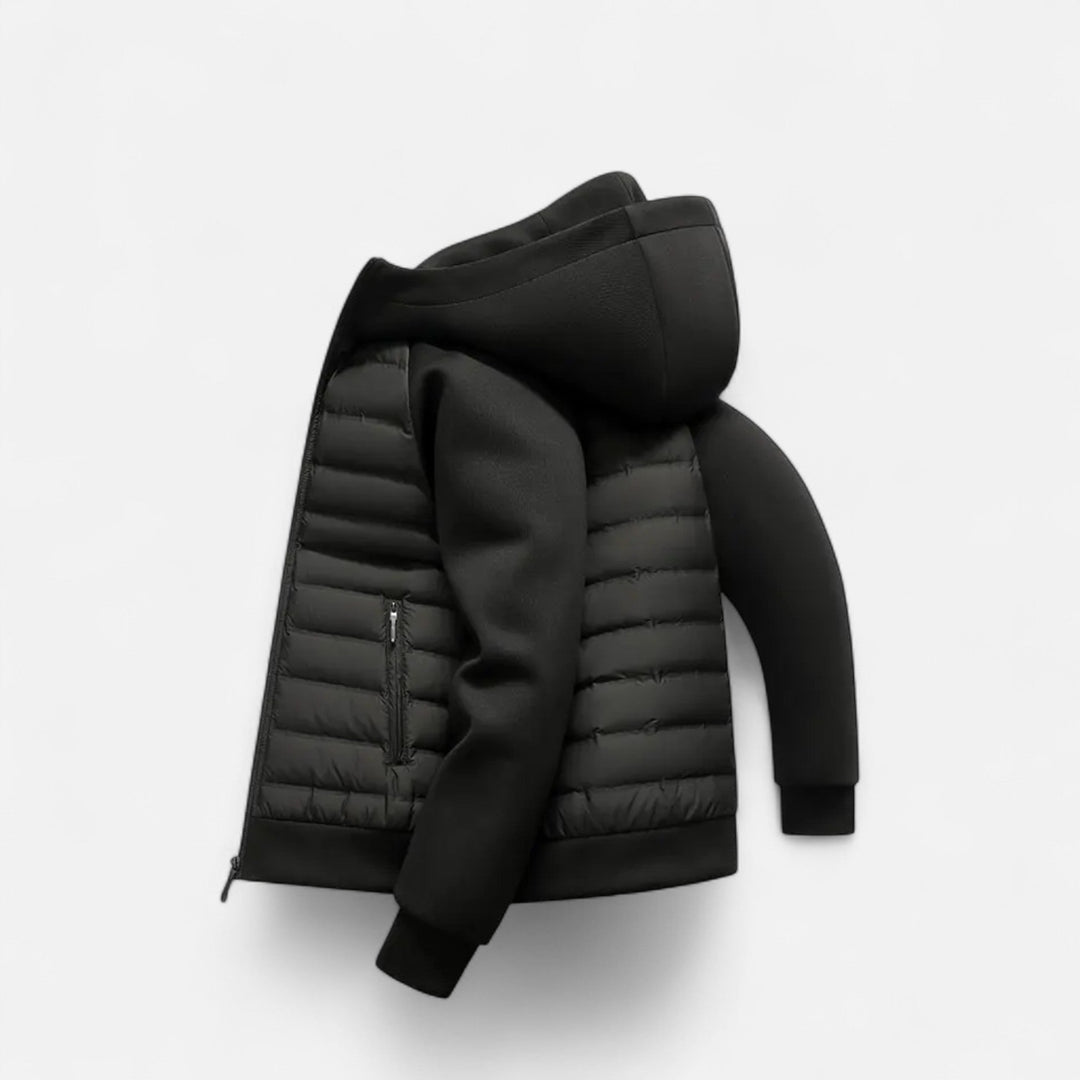 Men's hooded jacket with quilted front panels, knit sleeves and zip front