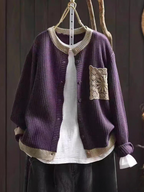 Women's knitted cardigan with button front, ribbed trims and decorative crochet-style chest pocket