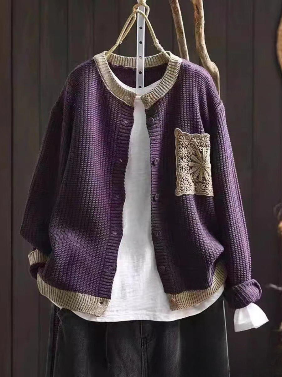 Women's knitted cardigan with button front, ribbed trims and decorative crochet-style chest pocket