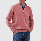 Men's quarter zip mock neck jumper with long sleeves and ribbed trims