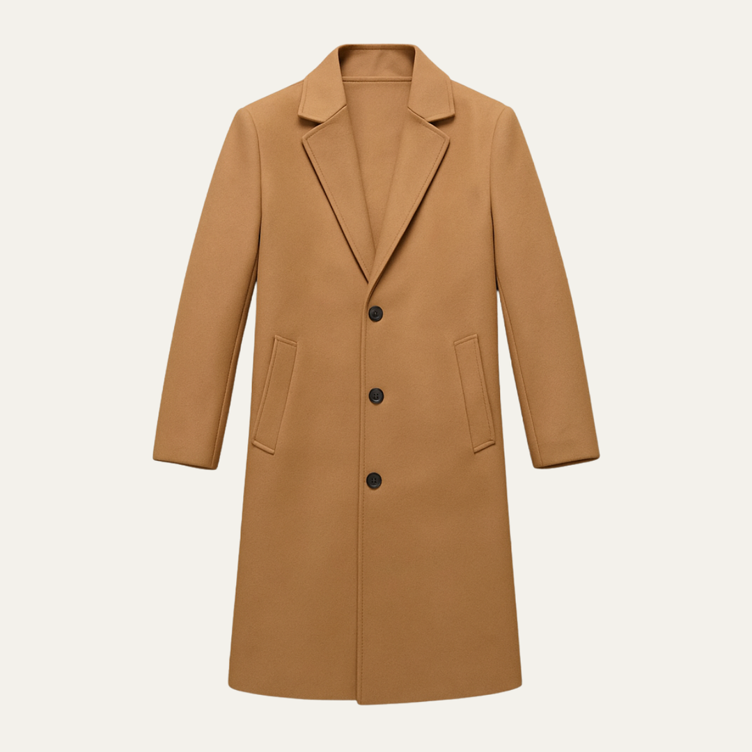 Men's long button-front overcoat with notched lapels and side pockets