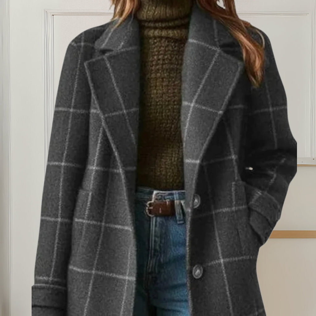 Women's long checkered coat with notched lapels and button front